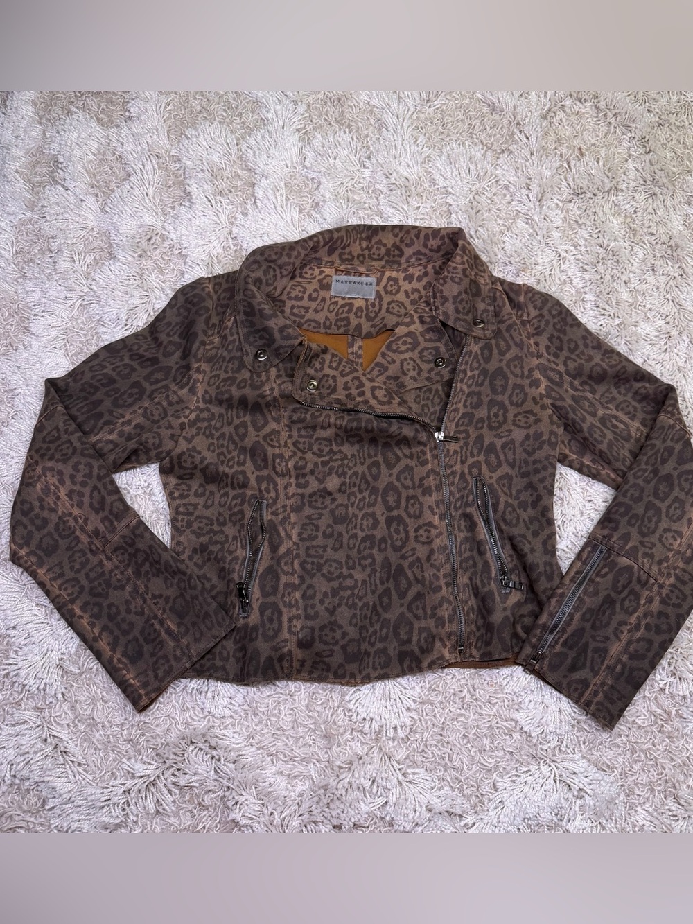 Marrakech Marni Leopard Moto Jacket Brown Faux Suede Biker Women’s
